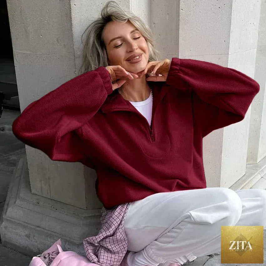 Women’s autumn winter fleece hoodie from LadyShow with stand collar, zipper, loose fit, solid color, casual streetwear style.