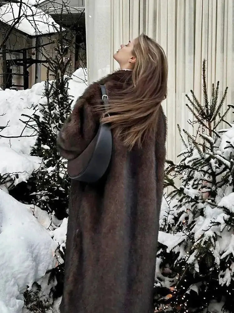 ZADORIN 120cm Super Long Luxury Winter Brown Faux Fur Coat Woman Elegant Belted Lapel Thick Fluffy Fur Jacket High Quality Coats ZITA LA BELLE ÉLITE