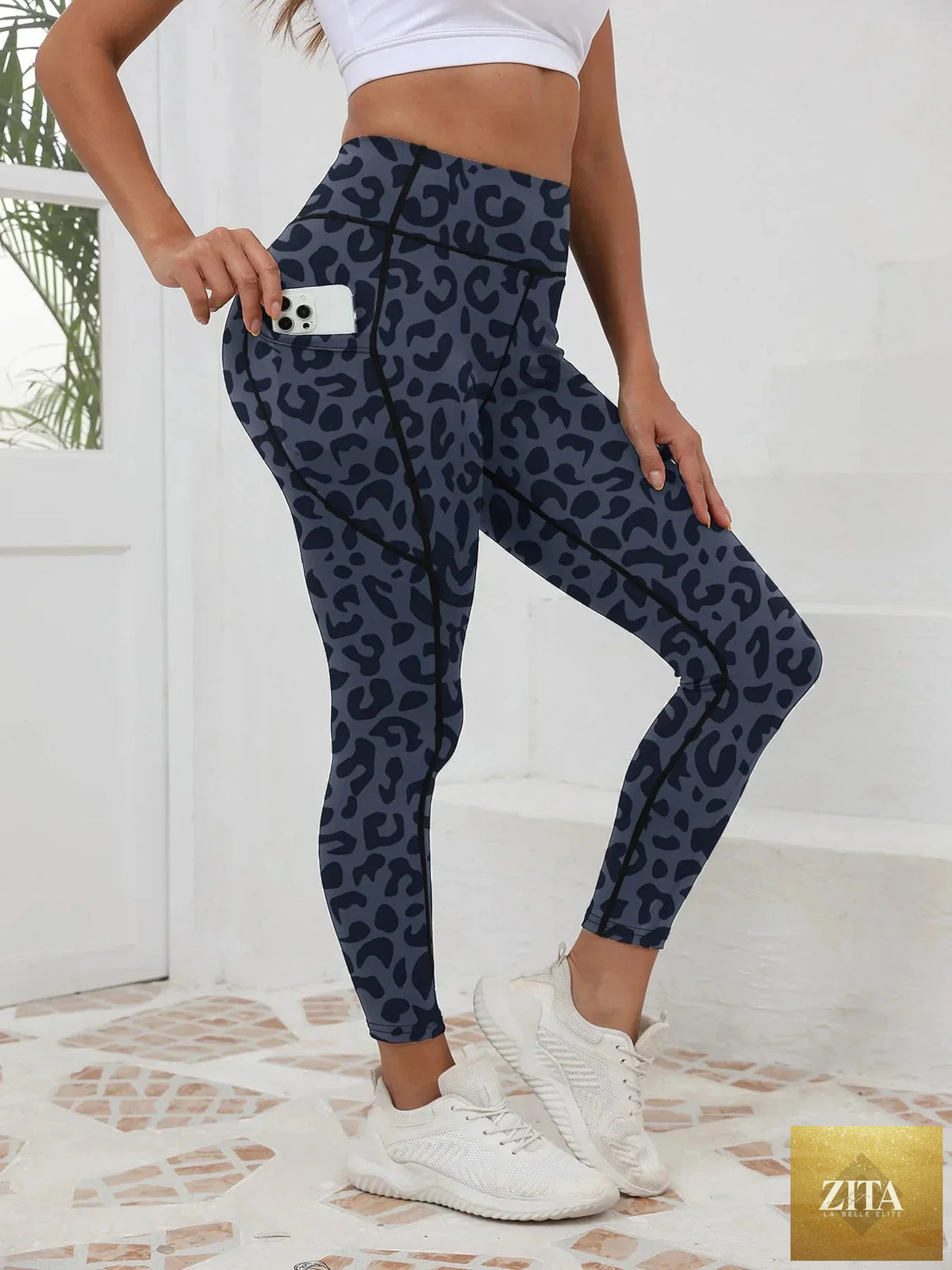 Printed high-waist pocket leggings for women by FitiqueFit, featuring a stylish design and comfortable fit for fitness activities.