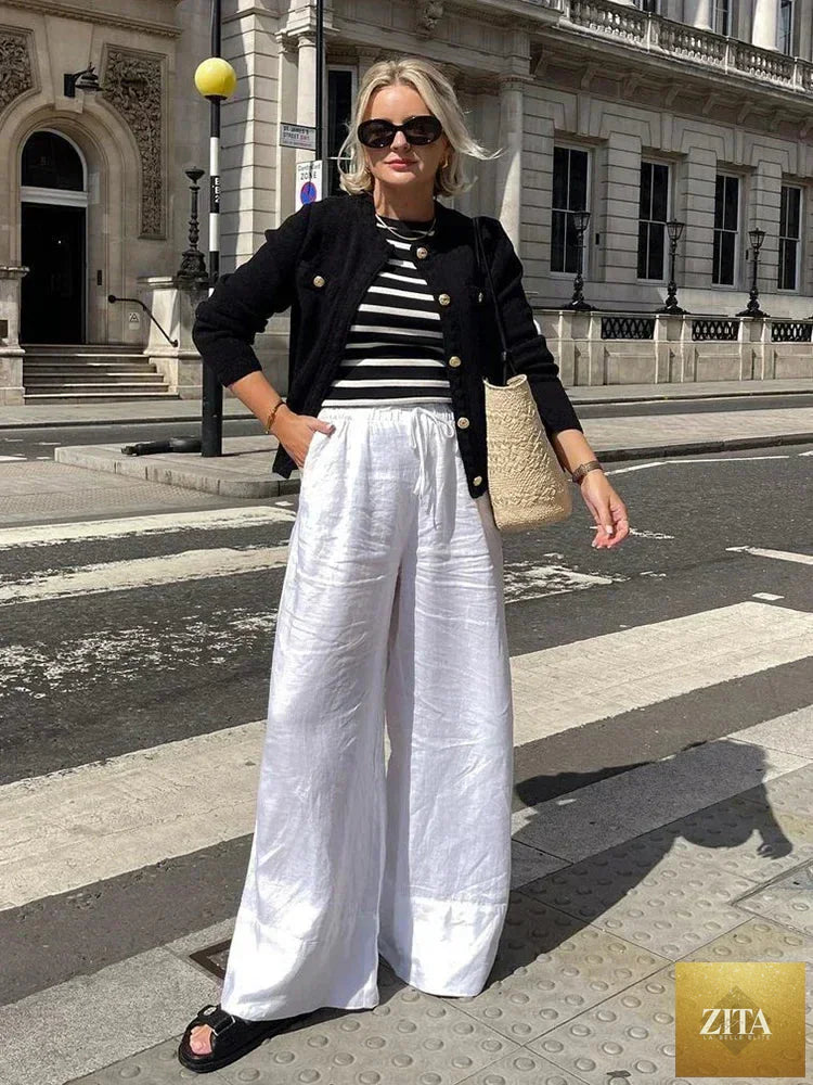 White cotton linen long pants for women by Ladyez, casual wide-leg style with elastic waist and sash, perfect for spring and summer.