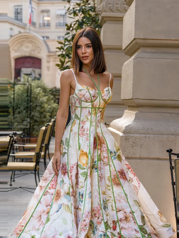 Floral print halter neck corset waist maxi dress by FLIPSTYLEZLLC, sleeveless with flared hem, perfect for vacation or party.
