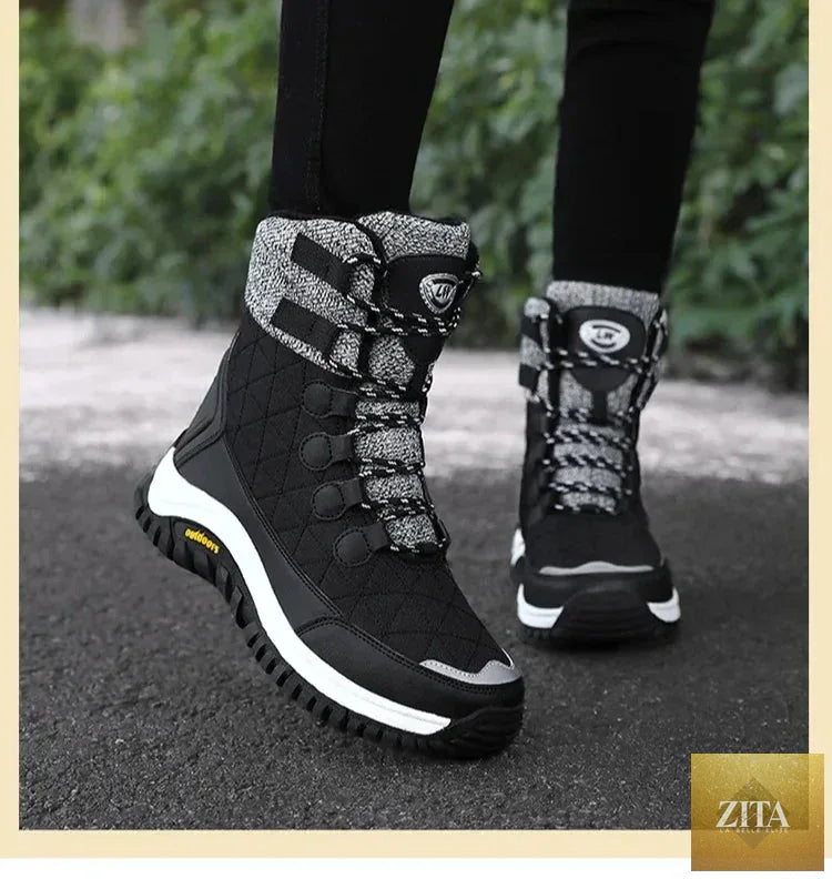 Women's fur-lined ankle snow boots for hiking by SHOMICOBOUTIQUE, showing the winter-rated waterproof boots with warm fur lining and rugged soles.