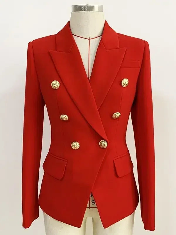 Women's leather blazer by Femstylo featuring double-breasted design with metal lion buttons, available in sizes S to 5XL.