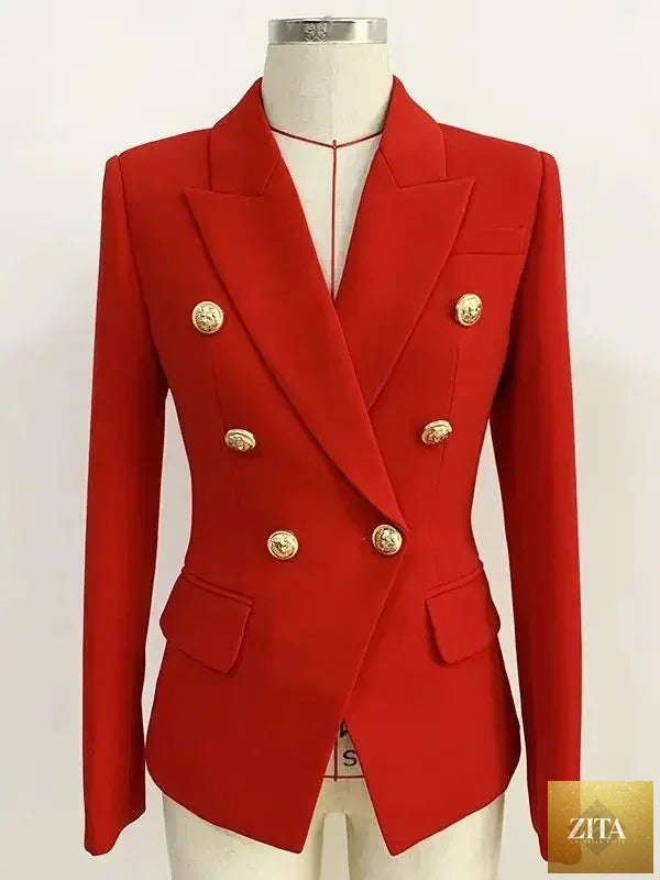 Women's leather blazer by Femstylo featuring double-breasted design with metal lion buttons, available in sizes S to 5XL.
