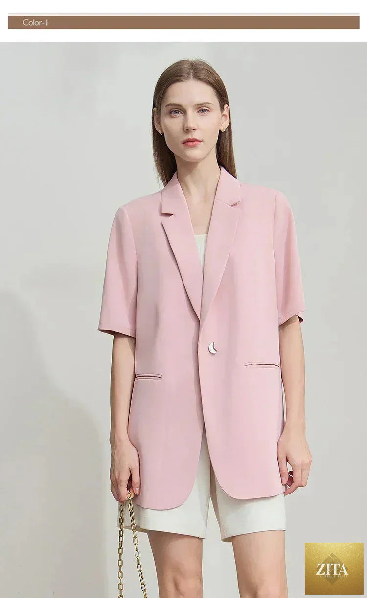 Femstylo Amii Women's minimalist summer blazer with notched lapel, contrast patchwork, one button, short sleeves, stylish design
