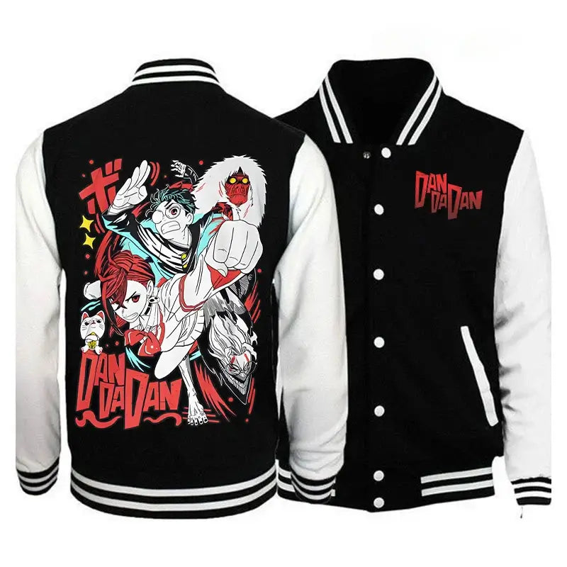 Japanese anime-inspired Dandadan Okarun jacket long sleeve sweatshirt by Infinite Visibility with bold graphic design.