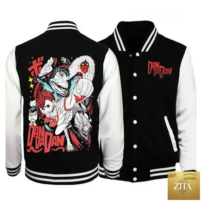 Japanese anime-inspired Dandadan Okarun jacket long sleeve sweatshirt by Infinite Visibility with bold graphic design.
