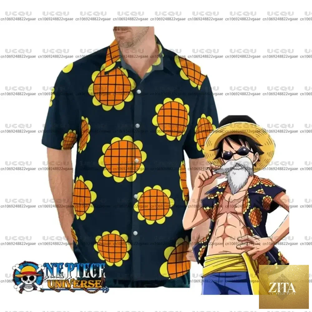 Luffy Dressrosa cosplay trousers and Hawaiian shirt set by Zita La Belle Elite, featuring vibrant fabric and detailed character design.