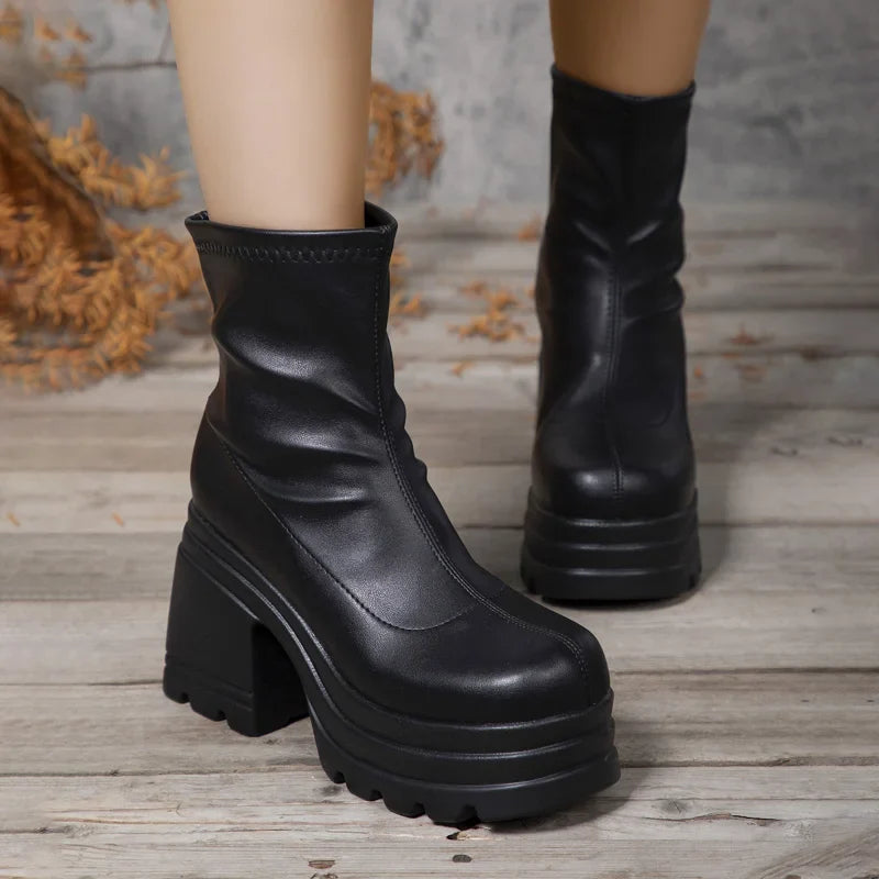Women’s black leather short boots with square toes, high heels, zipper detail, and thick soles, stylish casual shoes by LadyShow.