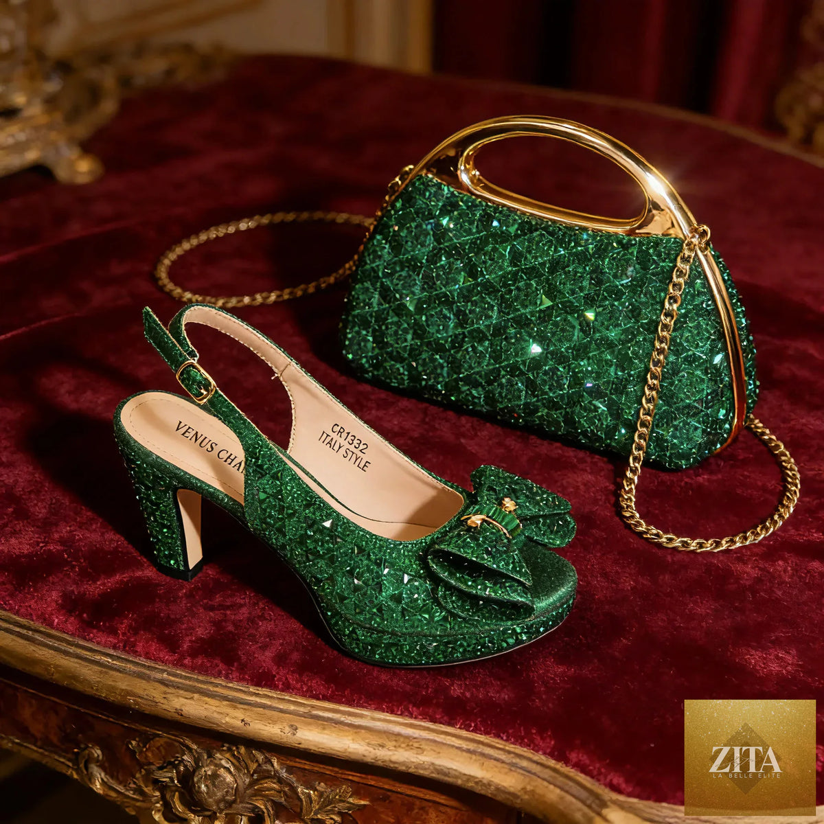 Luxurious EdleessFashion peep-toe high heel shoes and matching bag set, elegant and stylish for formal occasions.
