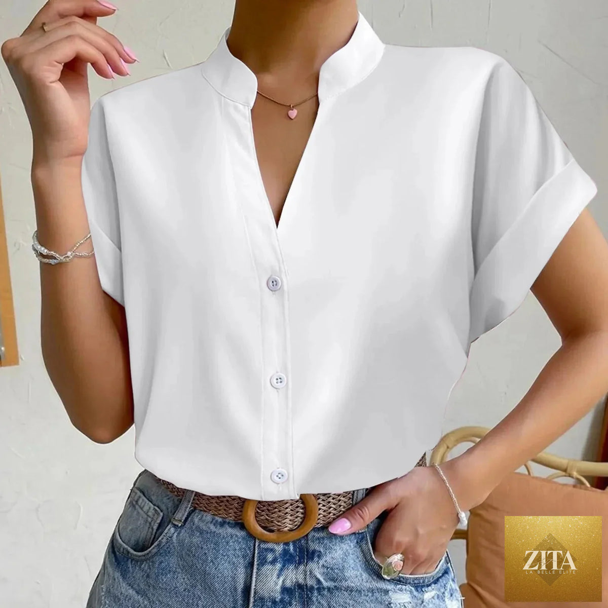 Women’s satin V-neck short sleeve shirt by FitiqueFit, in vibrant orange, perfect for elegant casual summer wear.