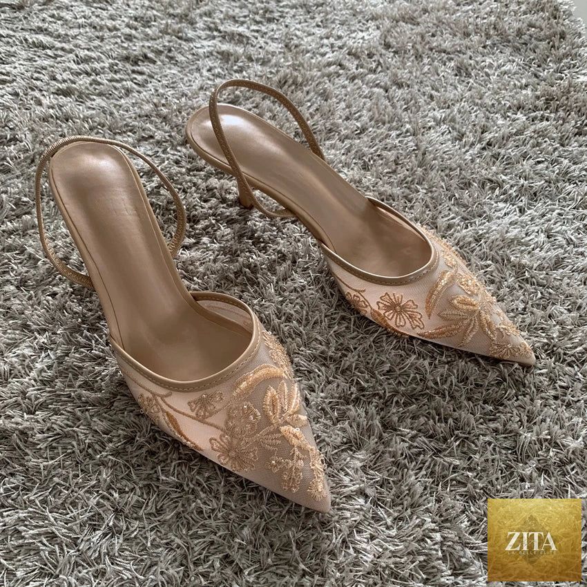 Mesh embroidered fashion sandals for women with high heels, pointed toes, slingback design, and bead details.