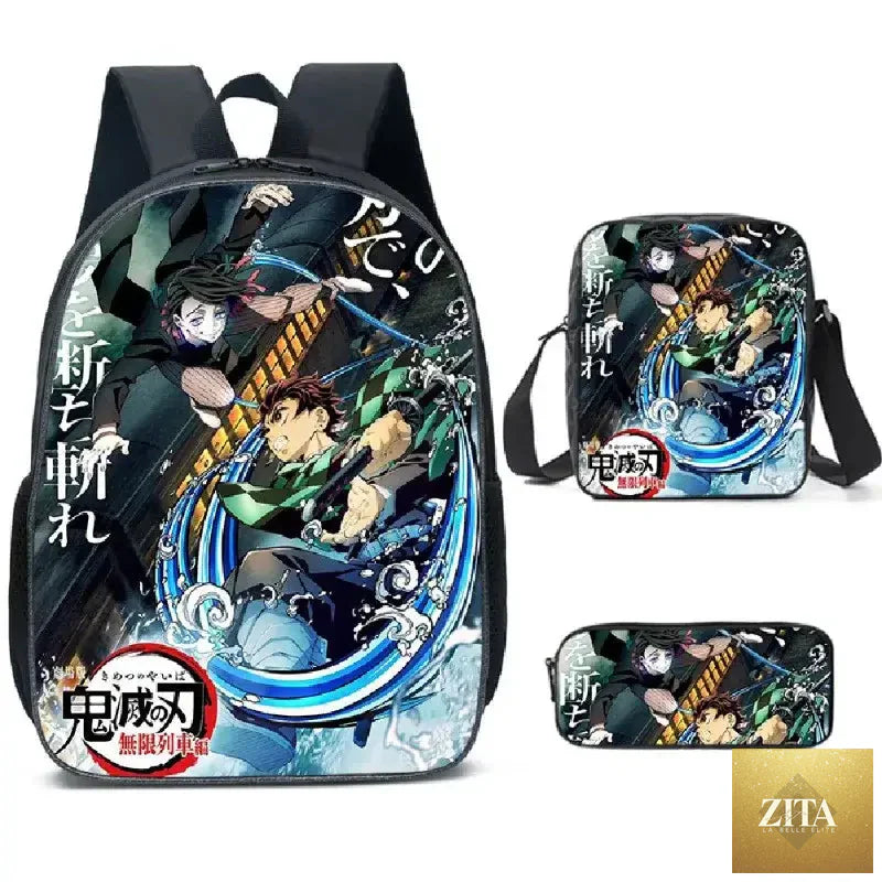 Nezuko Demon Slayer backpack from Infinite Visibility, part of a 3-piece schoolbag set, featuring colorful anime character design.