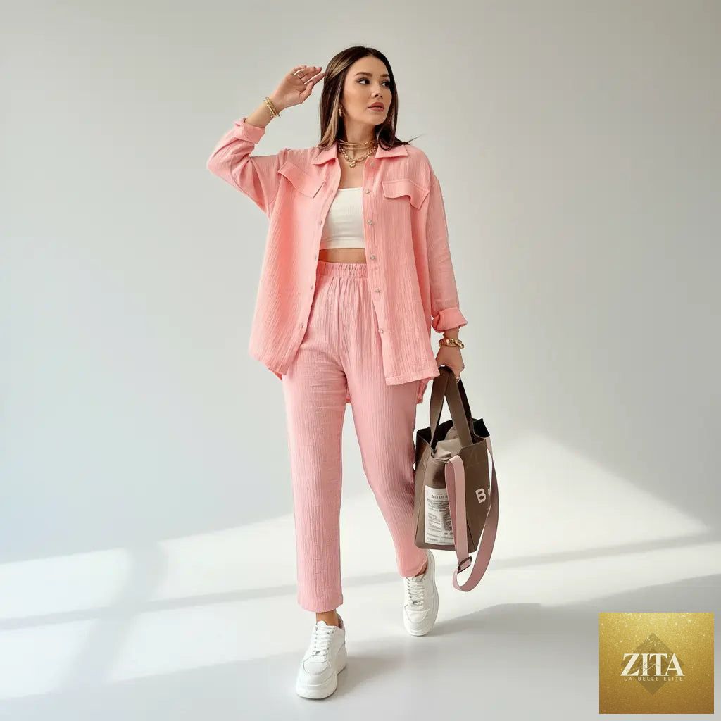 Loran women's casual loose shirt and cropped pants set, soft fabric with relaxed fit, ideal for comfortable everyday wear.