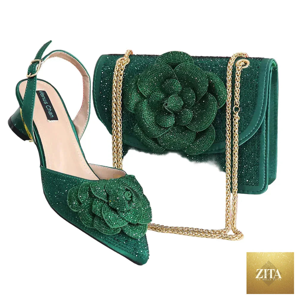 Elegant lady shoes and matching bag set with rhinestones from EdleessFashion, featuring luxurious design and sparkling details.