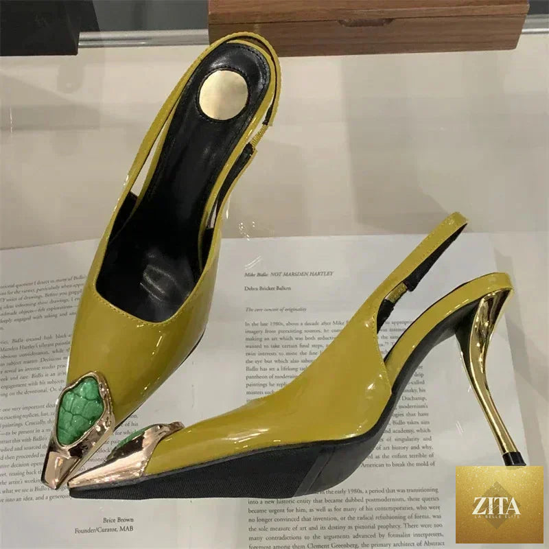 Elegant LadyShow.Store women's metal square head diamond pumps with low heel, stylish slingbacks, perfect for street style and banquets.