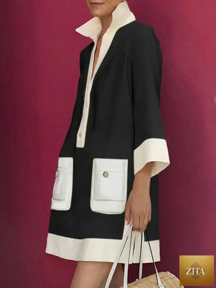 Femstylo Yeezzi women’s long sleeve spring shirt dress with contrast colors, pockets, buttons, perfect for elegant parties and evenings.