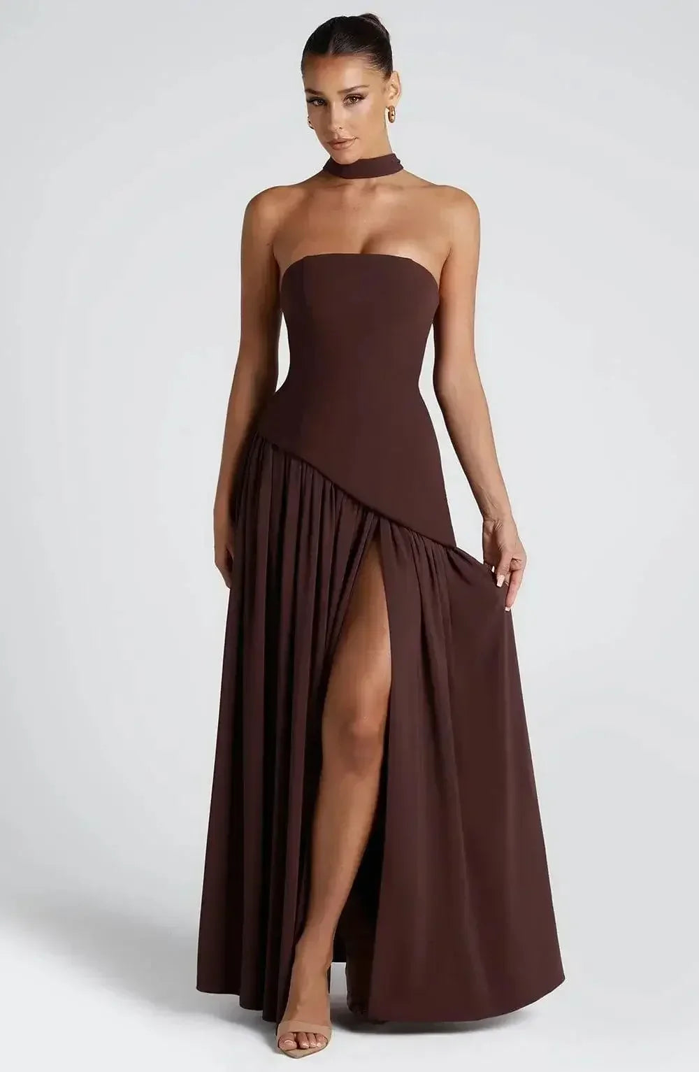 Elegant strapless solid spliced ribbon maxi dress by FLIPSTYLEZLLC featuring a sleeveless slit design, perfect for summer holidays.