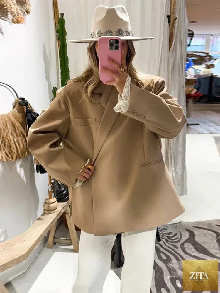 Femstylo women's V-neck side-button suit jacket with long sleeves, solid color, oversized fit, and pocket cuffs, high street style.