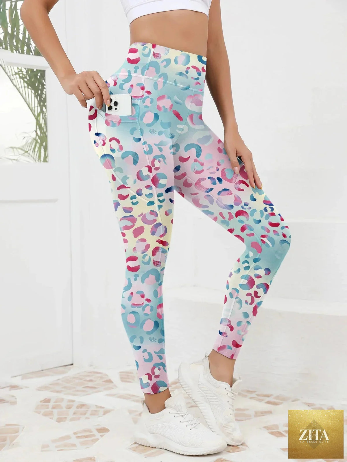 Printed high-waist pocket leggings for women by FitiqueFit, featuring a stylish pattern and functional pockets for active wear.