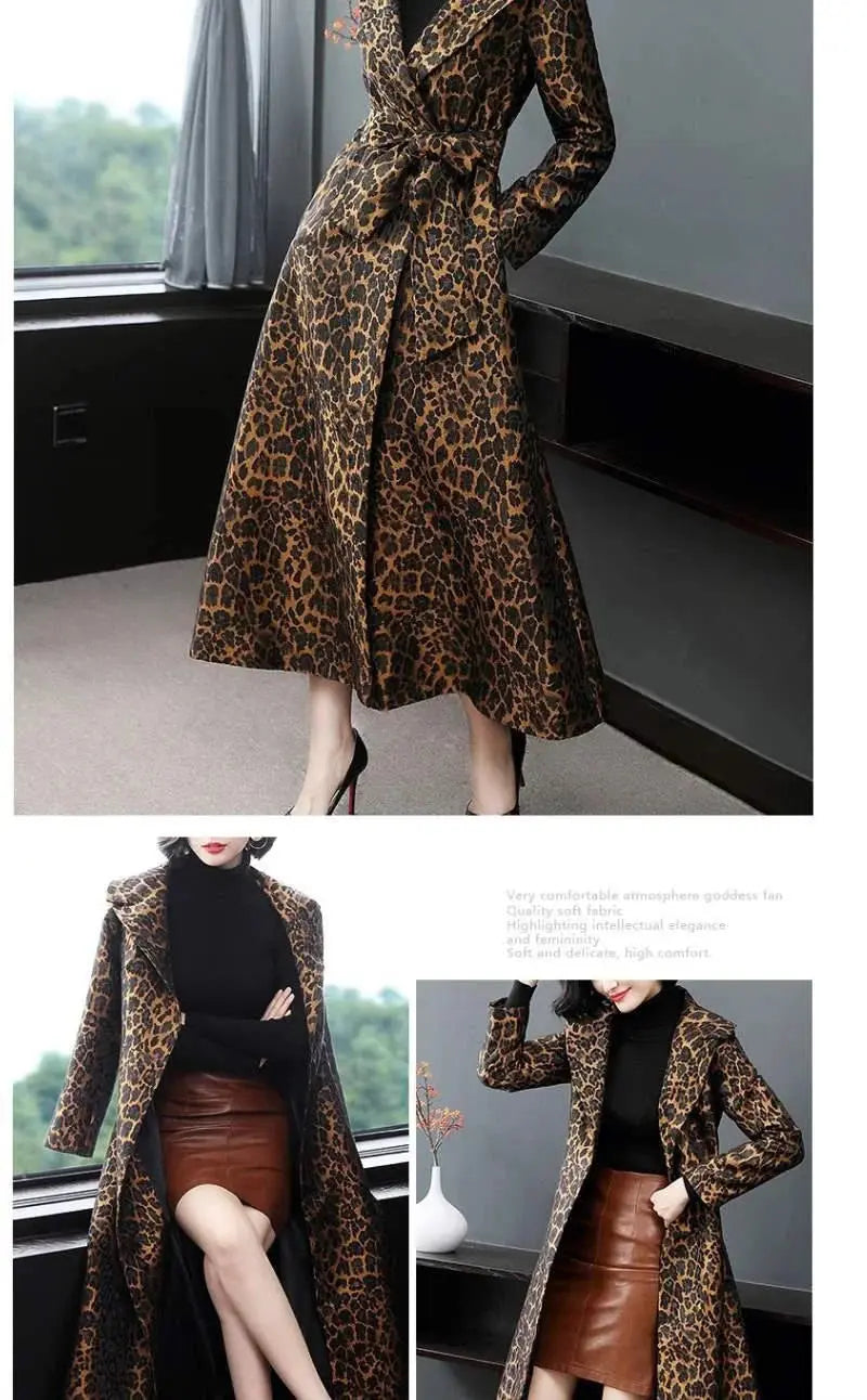 High End Fashion Leopard Coat Women Spring Autumn Korean Slim Long Trench Coat Female Windbreaker With Belt Mother Outwear 4XL ZITA LA BELLE ÉLITE
