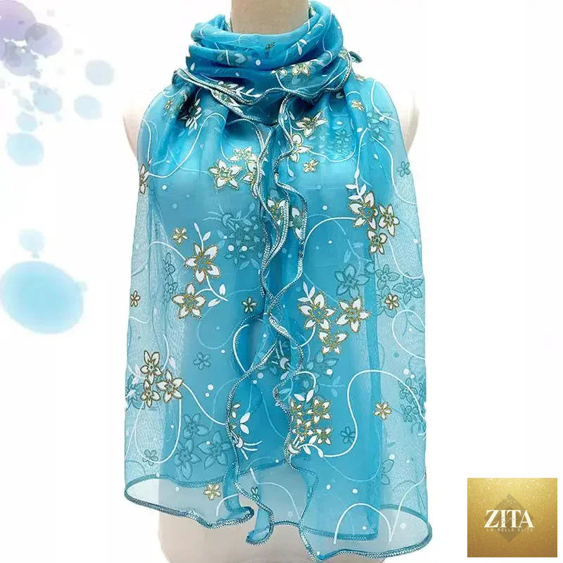 Lightweight silk lace scarf with elegant printed design, women's neckerchief or shawl wrap in soft, flowy fabric.
