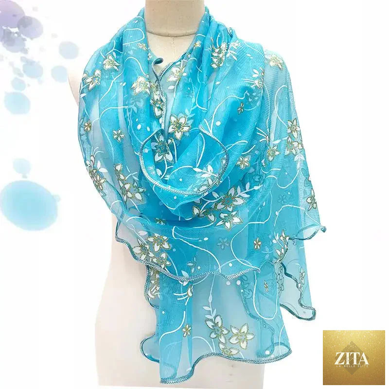 Lightweight lace silk scarf with elegant print, perfect as a women’s neckerchief or shawl, from Trendy Attic Store01.
