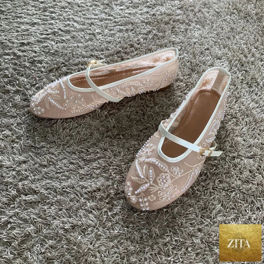 LadyShow.Store women's ballet flats with mesh embroidery, beaded design, breathable fabric, buckle closure, and soft low heel.