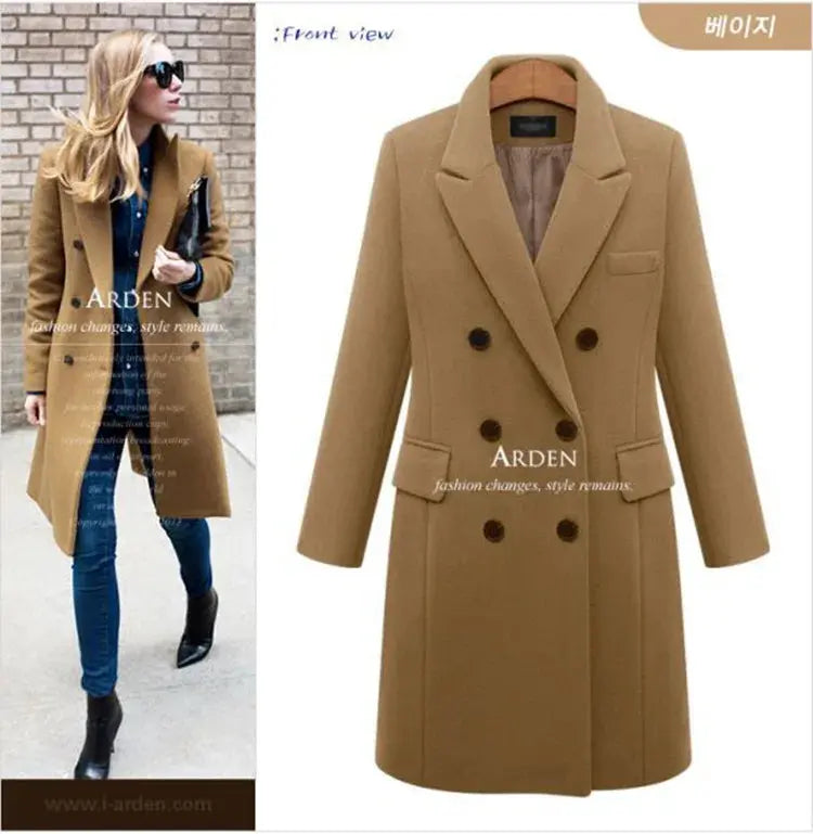 Mid-Length Woolen Women's Coat Double-Breasted Woolen Coats Trench Solid Color Autumn Winter Warm Outwear ZITA LA BELLE ÉLITE