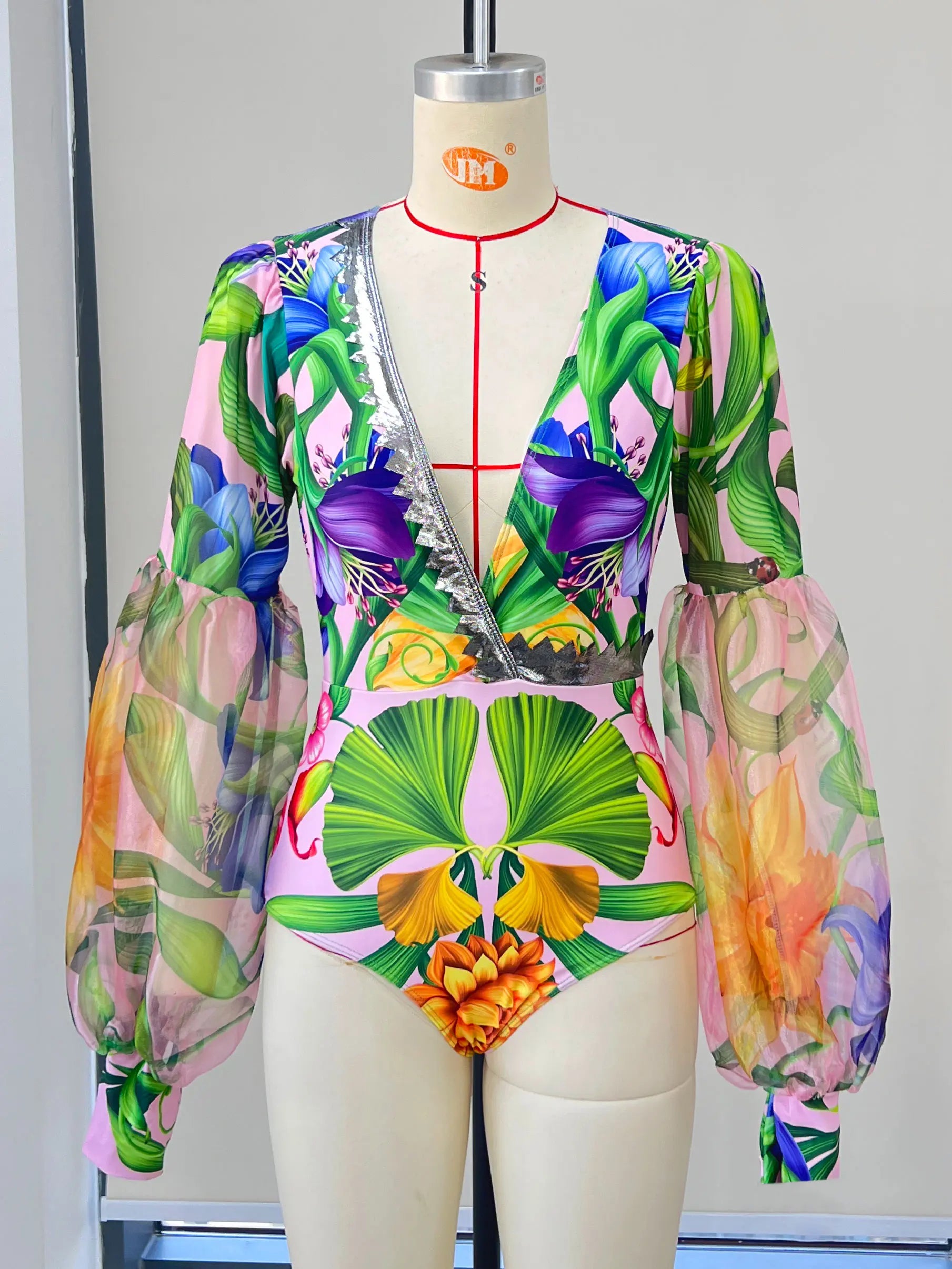 Swimwear 2PC Cover-up Swimsuit Ruffle Printed Deep V One-piece Kimono Bikini Suit