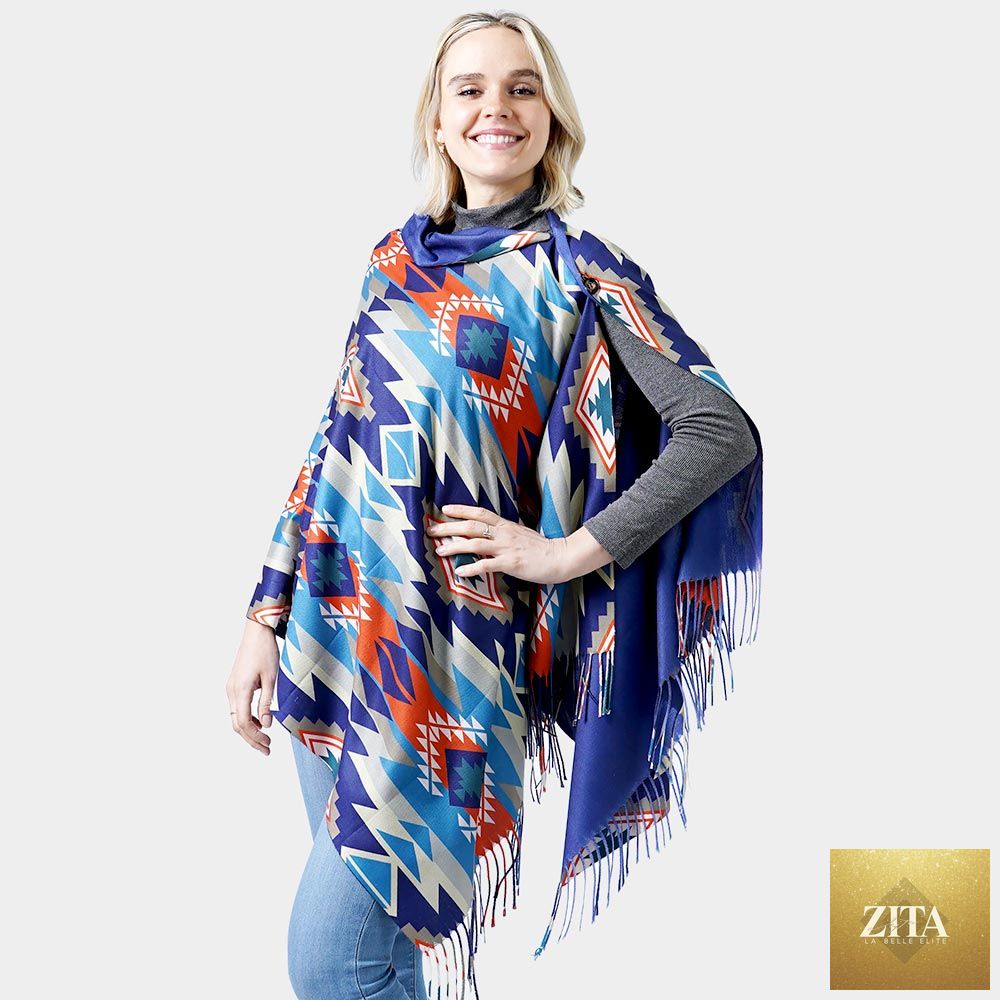 Madeline Love double-sided Western shawl or poncho in navy with fringed edges, showcasing stylish, versatile outerwear for women.