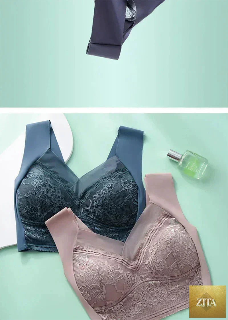 Femstylo L-6L women’s wireless push-up ice silk bralette with lace, seamless plus size summer lingerie top, top view.