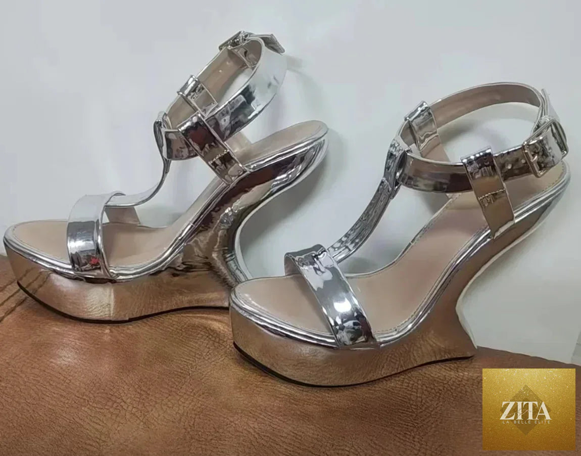 Zita La Belle Elite metallic leather high heel sandals with slingback, T-strap, and mixed colors, summer fashion shoes for women