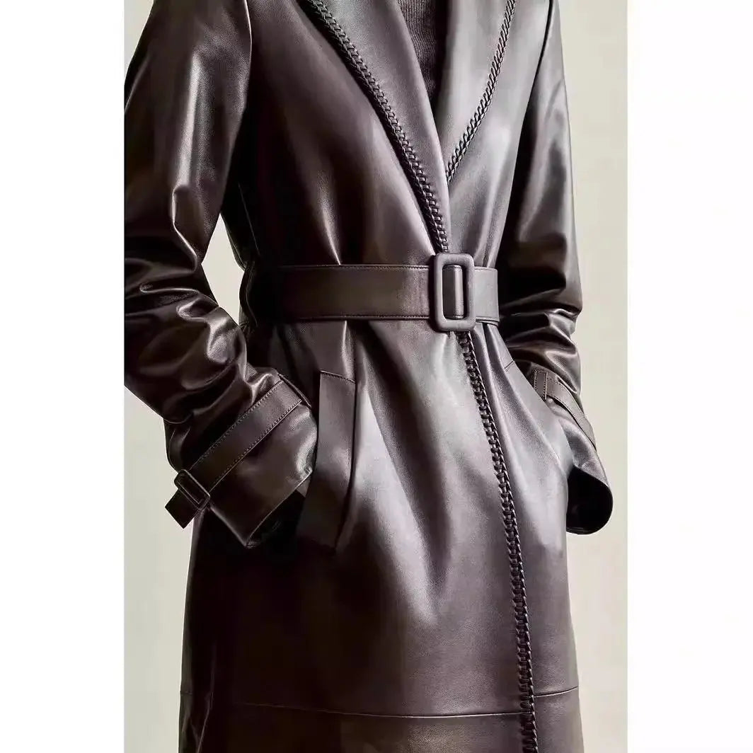Women's Genuine Leather Trench Coat Lace-Up Long Slim Fit Spring Autumn Sheepskin Top ZITA LA BELLE ÉLITE