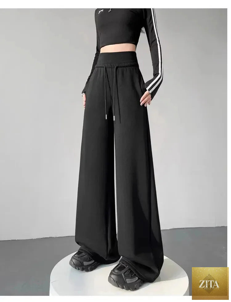 Gray high-waist loose wide-leg straight pants for women from Zita La Belle Elite, casualwear with relaxed fit and comfortable style.