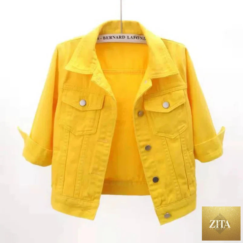 Women’s pink and purple denim jacket by LadyShow.Store, casual short coat with yellow and blue accents, spring and autumn outerwear