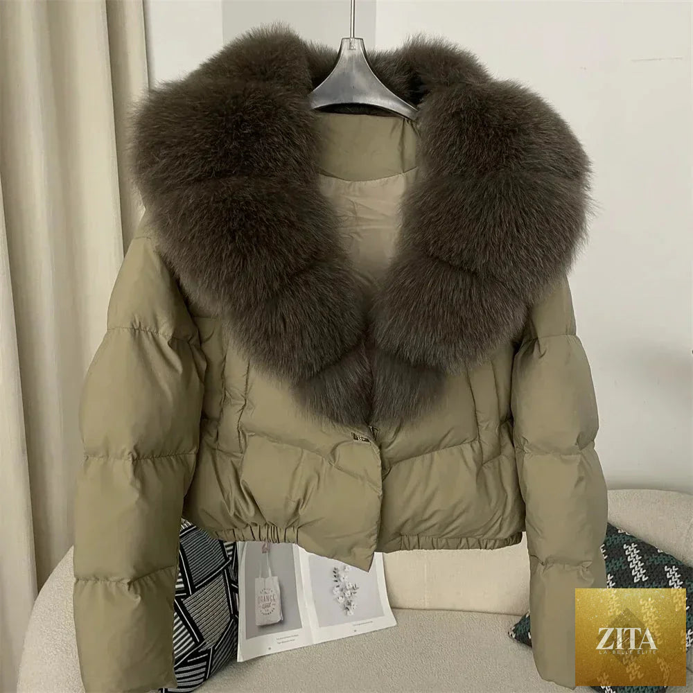 Down Jacket Women Short Puffer Jacket Thick New Big Natural Real Fox Fur Coat Autumn Winter Female White Duck Down Coat Feather