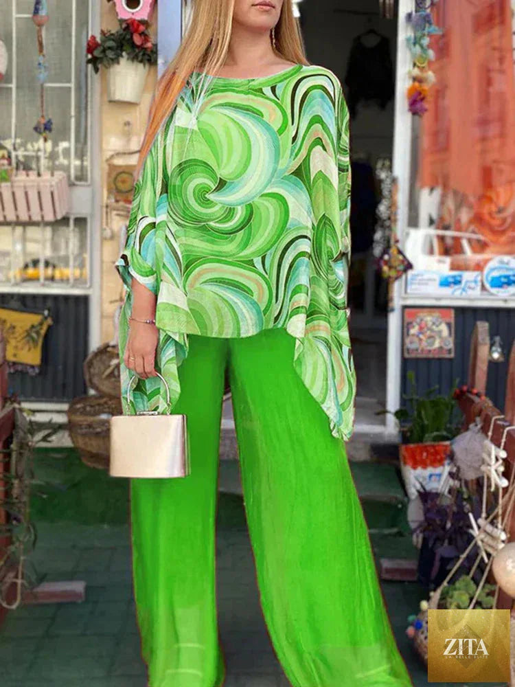 Zita La Belle Elite women's chiffon two-piece set with an O-neck long sleeve top and wide-leg pants, stylish and elegant.