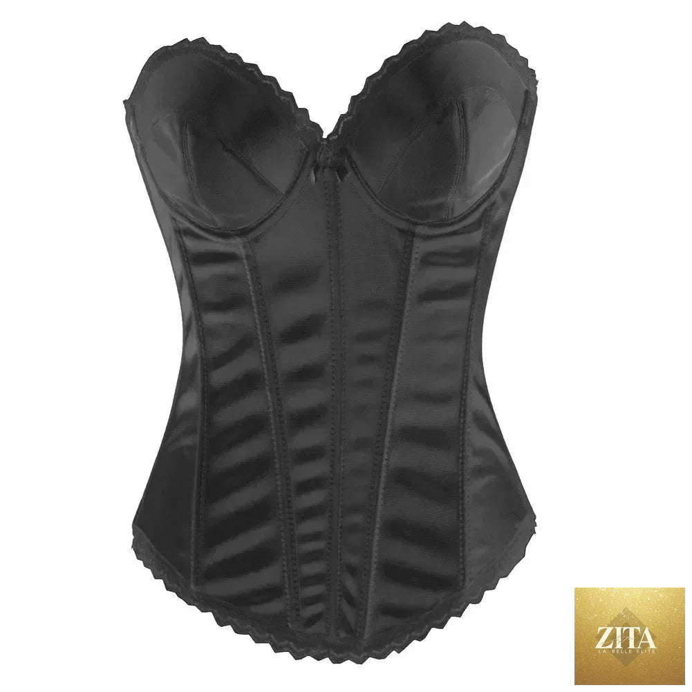 Black and white Femstylo overbust corset top, cotton bustier with adjustable straps, lingerie body shaper underwear.