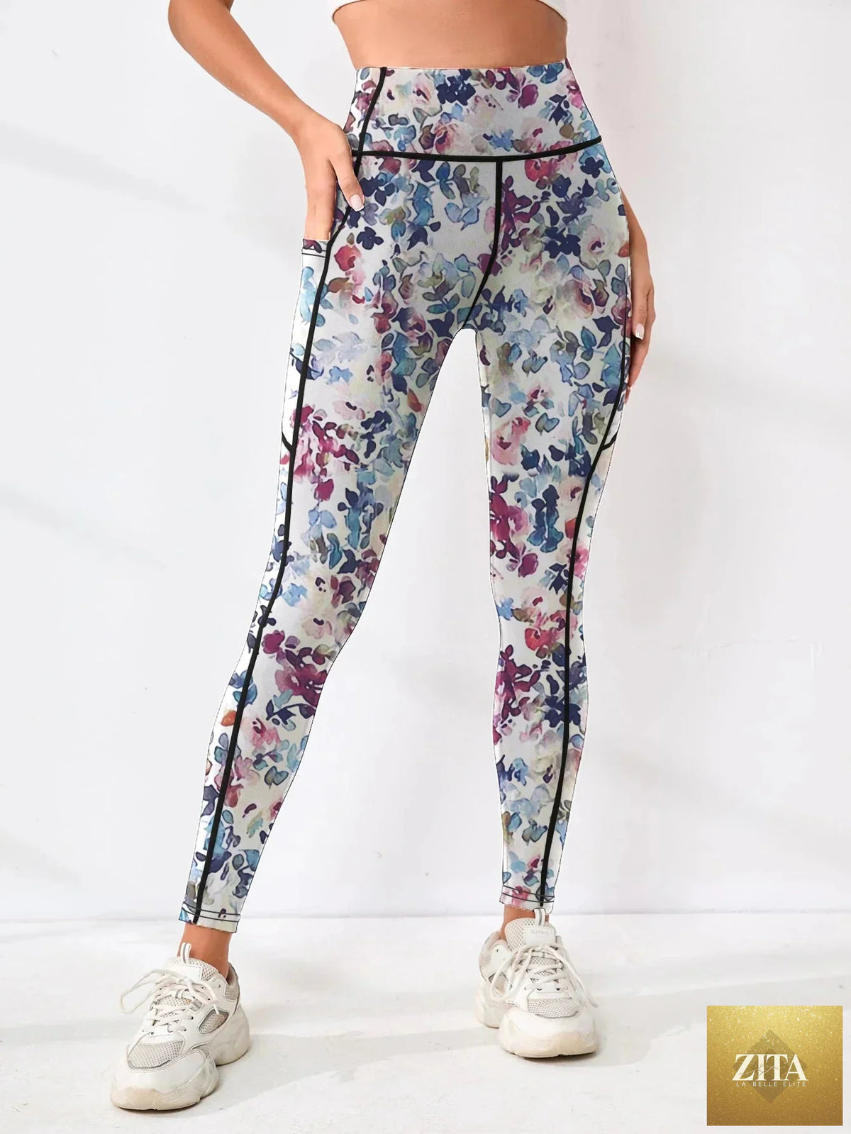 Printed high-waist pocket leggings for women by FitiqueFit, featuring a stylish pattern and functional side pockets for active wear.