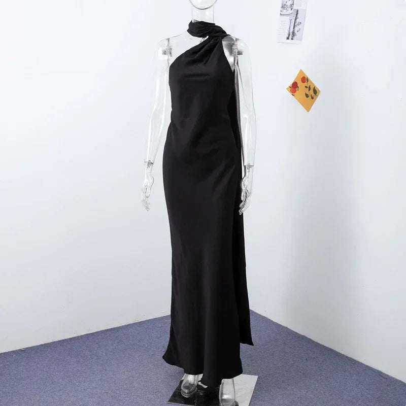 Femstylo backless lace-up maxi dress, sleeveless evening gown with ribbon details, perfect for formal parties and special occasions.