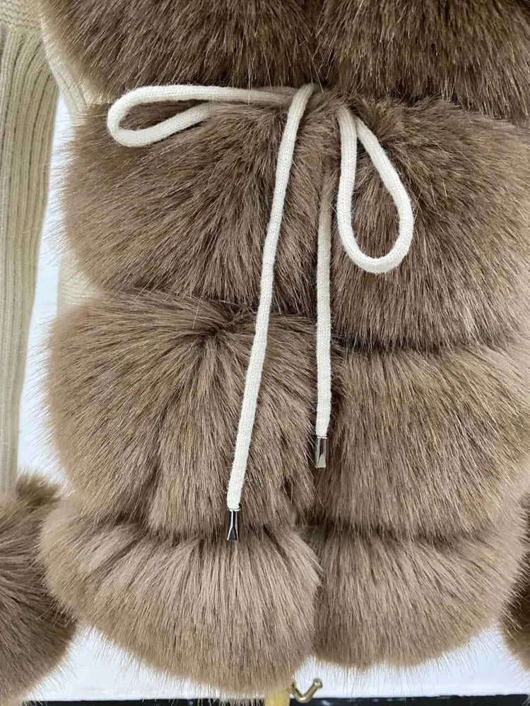 ZADORIN Fall Winter Women Faux Fur Coat Luxury Knitted Sweater Fur Cardigan Detachable Collar White Pink Jacket Faux Fur Coats ZITA LA BELLE ÉLITE