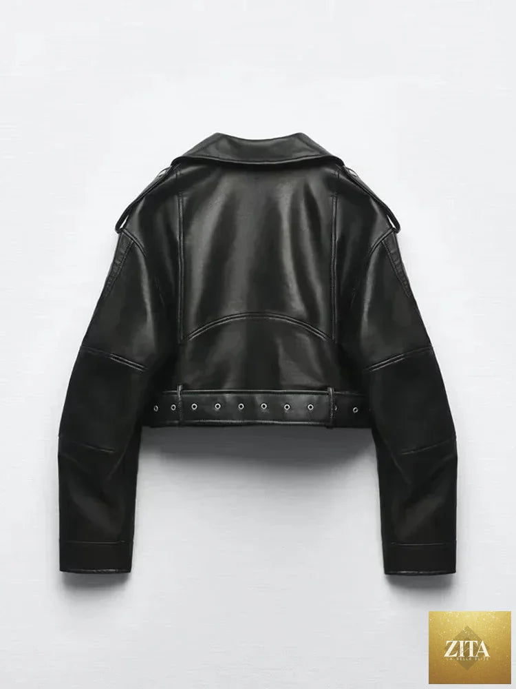 LadyShow.Store oversized vintage black faux leather short jacket with belt, zipper, and streetwear style for women.