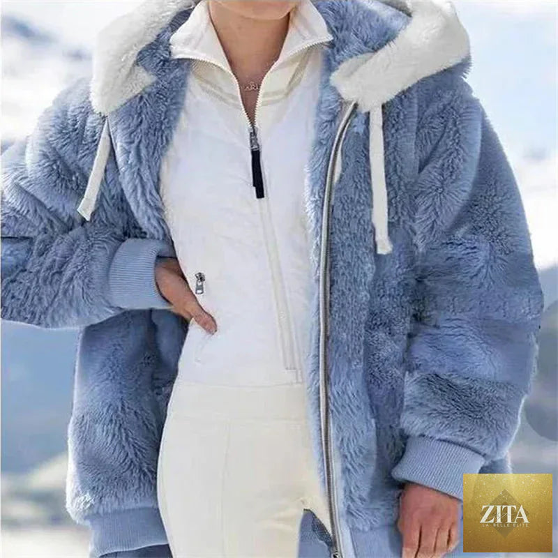 Women’s winter faux fur jacket with hood, plush fleece and cashmere blend, casual zip-up coat, warm and soft for cold weather.
