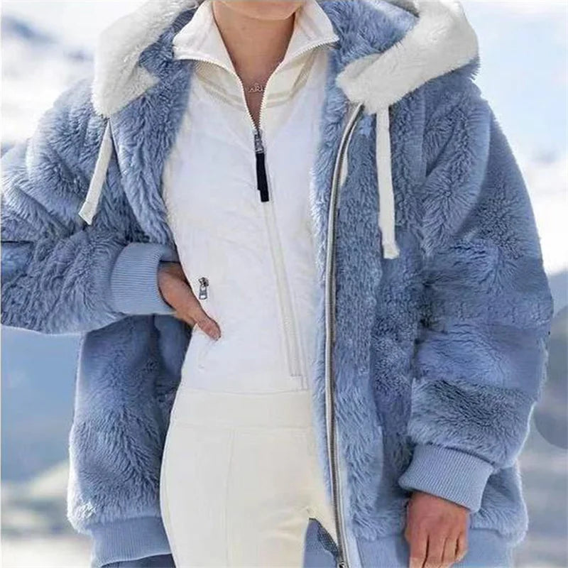 Women’s winter faux fur jacket by LadyShow with plush fleece, hood, zipper, and thick, warm cashmere-style coat for casual wear.