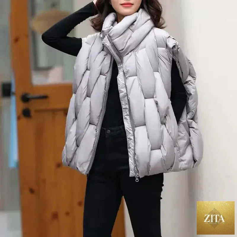 Women Thick Cotton Vest Women Square Weave High Collar Warm Waistcoat Casual Warm Puffer Bubble Sleeveless Jacket