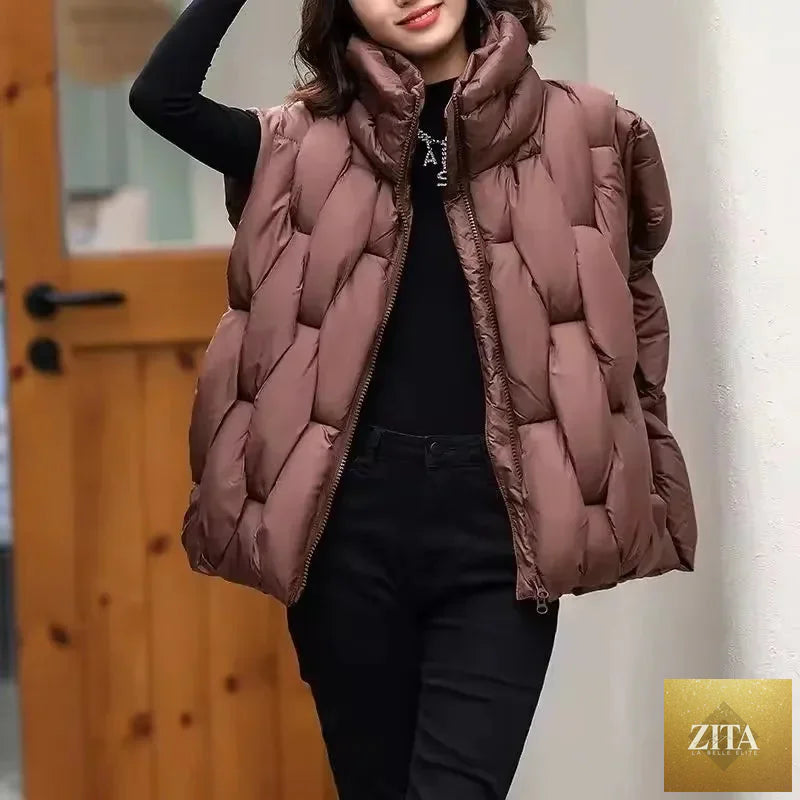 Women Thick Cotton Vest Women Square Weave High Collar Warm Waistcoat Casual Warm Puffer Bubble Sleeveless Jacket