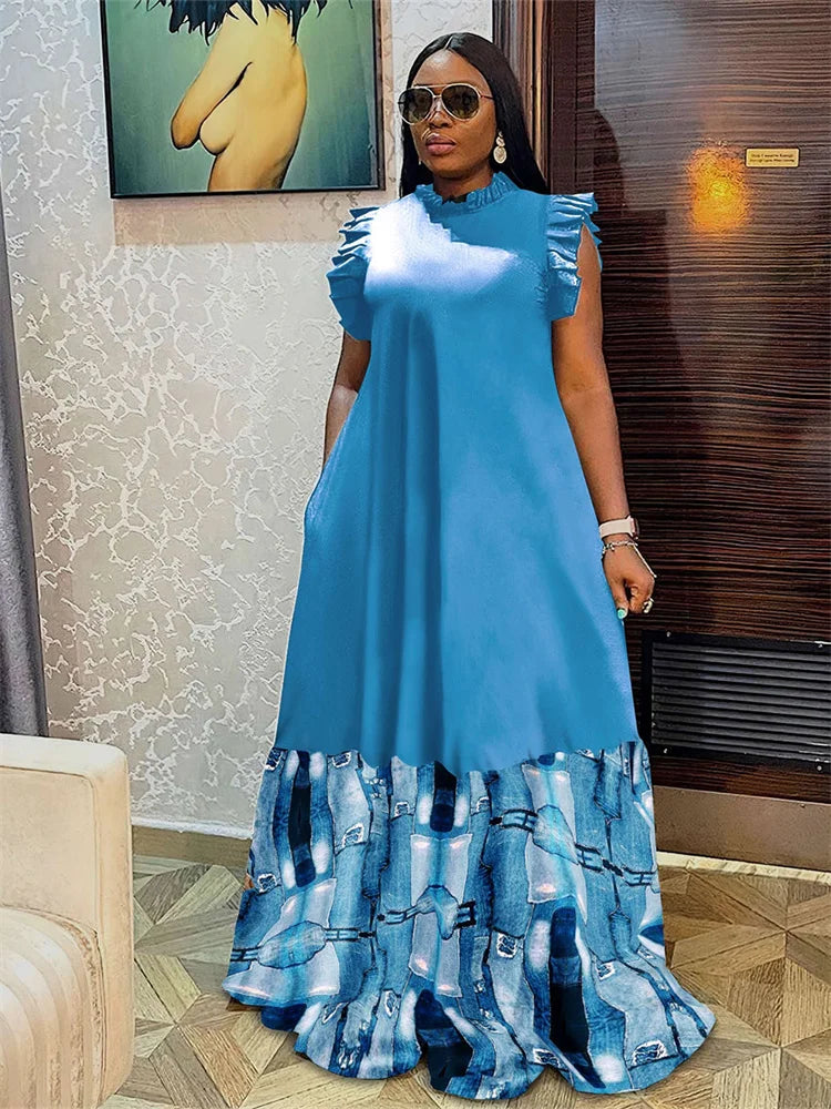 Wm star Plus Size Patchwork Elegant Full Length Maxi Dress