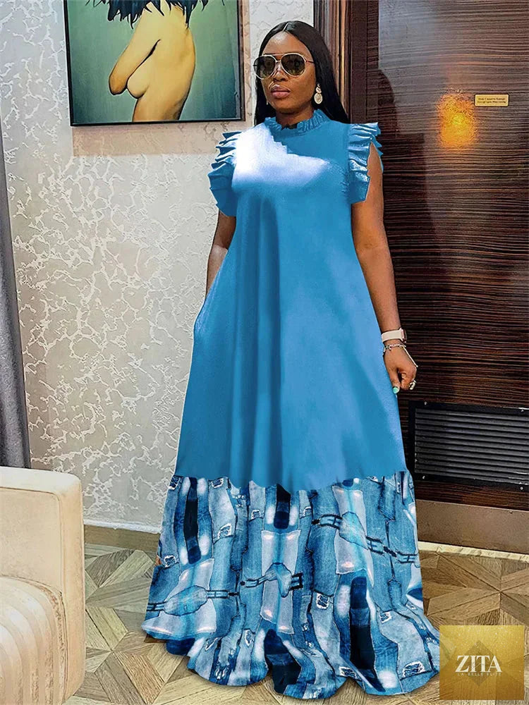 Plus size women's maxi dress with star patchwork design, elegant full-length style from Trendy Attic Store01
