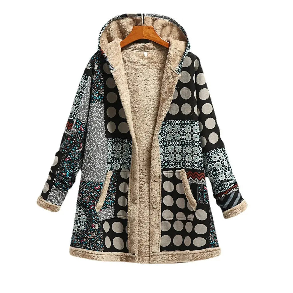 Women's Long Plush Jacket with Cotton and Linen Print Hooded Sweatshirt for Warmth, Winter New Style ZITA LA BELLE ÉLITE